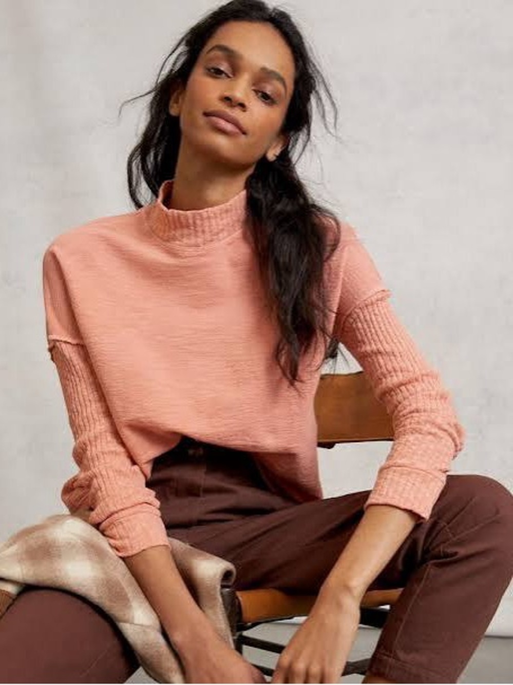 NWT Anthropologie Amadi Peach Mock Neck Long Sleeve Top Casual Comfy